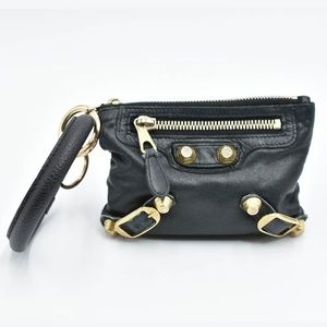 Balenciaga Black Leather Wristlet Clutch with Gold Hardware